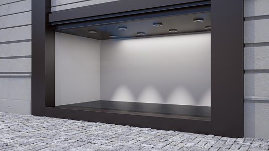 Perspective View on Blank Light Wall Background in Empty Shop Window . 3D Render