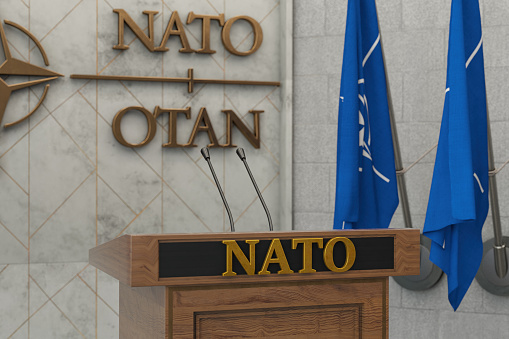 NATO OTAN Concept with NATO Flag in a Row with a Empty Wooden Wall. Press Conference in Government Building. 3D Render