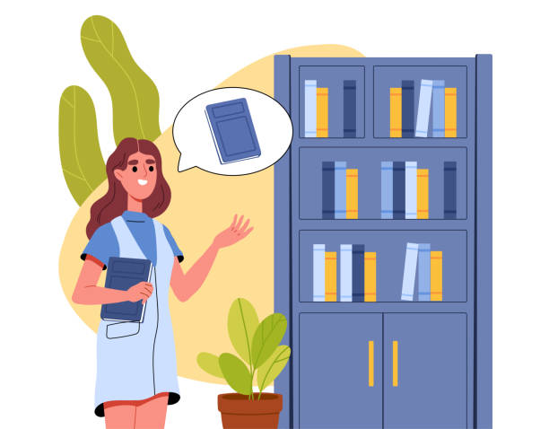 Librarian with book vector Librarian with book. Woman with textbook or fiction. School or university library with bookshelves. Love for literature and reading. Cartoon flat vector illustration isolated on white background copyright free medical stock illustrations