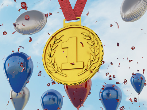 Number 1 Gold Medal with Balloons and Confetti. 3D Render