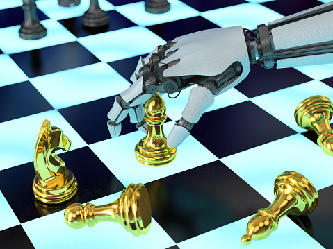 AI Artificial Intelligence Robot's Hand Playing Chess. 3D Render