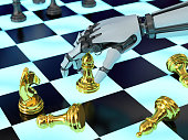 AI Artificial Intelligence Robot's Hand Playing Chess