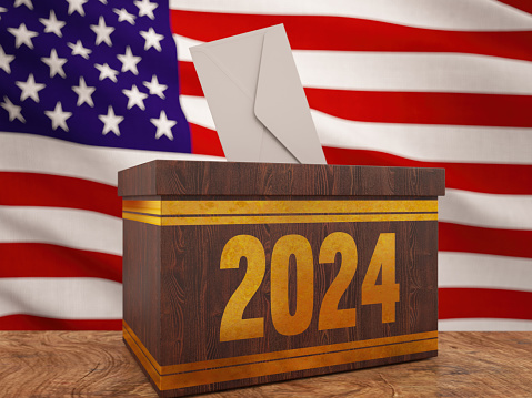2024 USA Elections Concept with American Flag and a Ballot Box. 3D Render