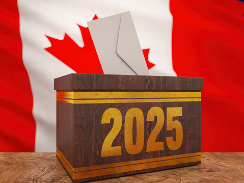 2024 Canadian Elections Concept with Canadian Flag and a Ballot Box. 3D Render