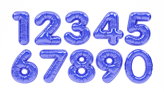 Blue Balloon Numbers on White. 3D Render