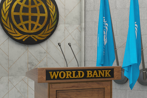 World Bank Press Conference or Speech Concept with Flags in a Row. . 3D Render