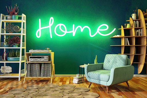 Home Neon Sign on Cozy Room's Wall. 3D Render