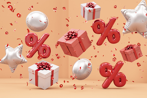 Red and White Gift Boxes and Percentage Signs with Confetti and Balloons. 3D Render
