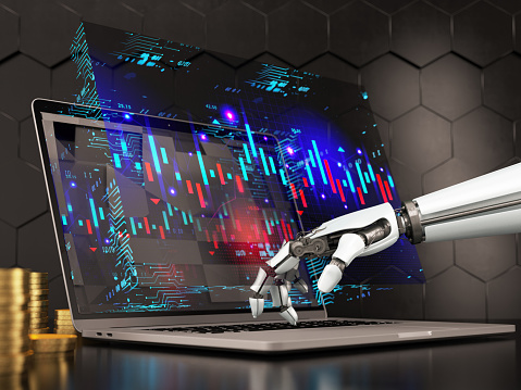 Robot Trading System On The Stock Market. 3D Render