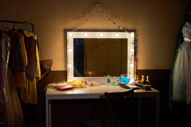Vanity Mirror Backstage in Theater Background image of vanity mirror backstage in theater dressing room with dim light copy space theatre mirror stock pictures, royalty-free photos & images