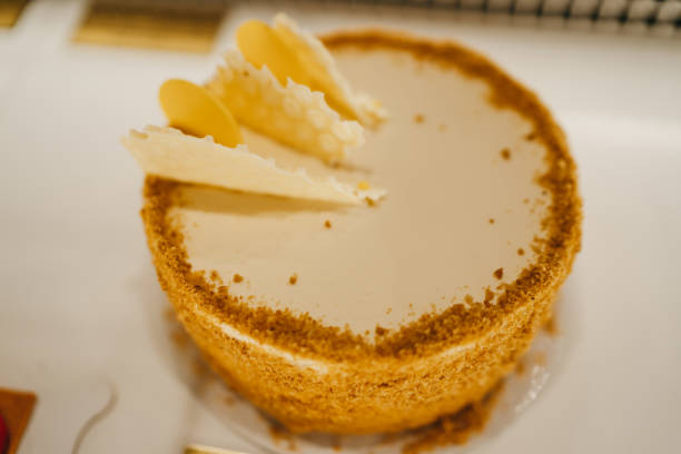Close-up shot of one cake in a confectioner's shop without people