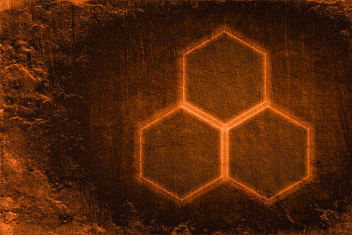 Blank empty rust brown coloured grunge textured old faded rustic weathered smudged retro style monochrome horizontal vector backgrounds with three big glowing hexagon geometric shapes. There is no people and copy space. Can be used for science research, chemistry related scientific backdrops, brochures, web banners templates