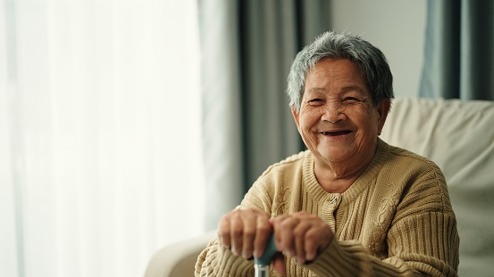 Portrait of asian elderly woman happiness while resting on sofa.