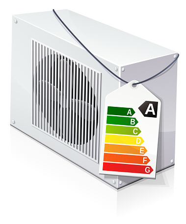 Heat pump isolated in the middle of a white background on which is placed a category A energy label