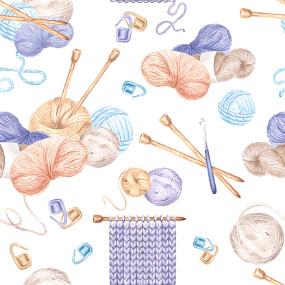 Seamless pattern of skein and ball of yarn, fabric sample and knitting needles on white background. Watercolor backdrop of needlecraft stylized. Template hand drawn illustration for textile, wrapping