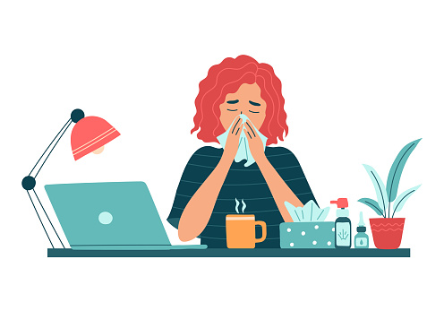 Sick woman employee with runny nose and hanky work on laptop. Unhealthy female worker feel sick virus, busy with online job. Girl use medicine from fever, flu or cold. Isolated vector illustration