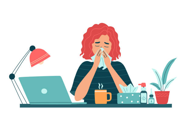 Sick woman employee with runny nose and hanky work on laptop Sick woman employee with runny nose and hanky work on laptop. Unhealthy female worker feel sick virus, busy with online job. Girl use medicine from fever, flu or cold. Isolated vector illustration cold and flu stock illustrations