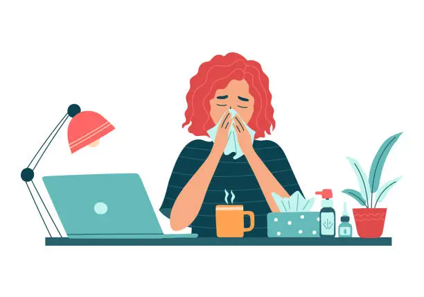 Vector illustration of Sick woman employee with runny nose and hanky work on laptop