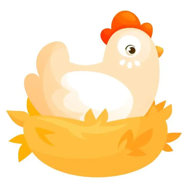 Vector illustration of Cartoon hen sitting in the nest, hen laying eggs. Vector illustration