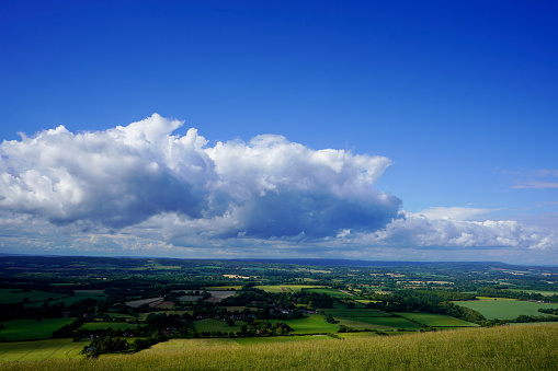 View of farm fields and clouds in the countryside