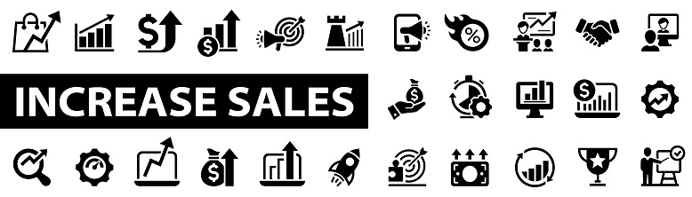 Increase sale web icons in flat style. Growth profit symbol. Sales, strategy, marketing, profit, vision, seo, business successful. Vector illustration.