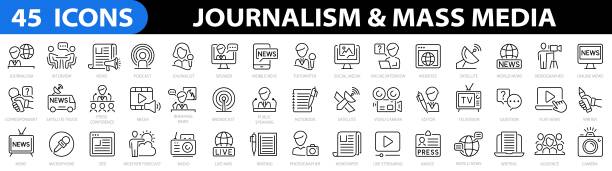 ÐÑаÑика и иллÑÑÑÑаÑии Journalism 45 icon set. Mass media. News icons. Journalist, news, microphone, interview, reporter, podcast, newspaper, press conference. radio, media and more. Vector illustration journalist stock illustrations
