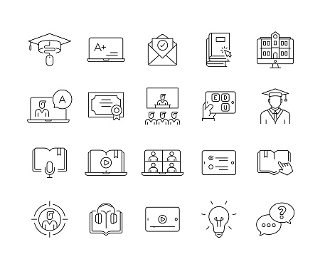 Distance Learning Line Icon Set contains such icons as Online Learning, Virtual Classroom, Webinar, Digital Assessment, Video Lecture, Admission Test, Scholarship, and so on. Editable Stroke, Customizable Stroke Width, and Adjustable Colors.