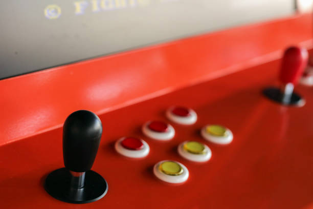 Retro Blue Arcade Machine, Joystick, Red And Yellow Buttons