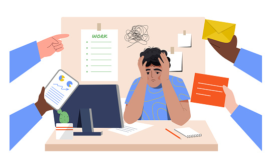 Stress at work concept. Man sitting near hands with tasks. Overworked young worker. Tired employee with mental burnout. Cartoon flat vector illustration isolated on white background