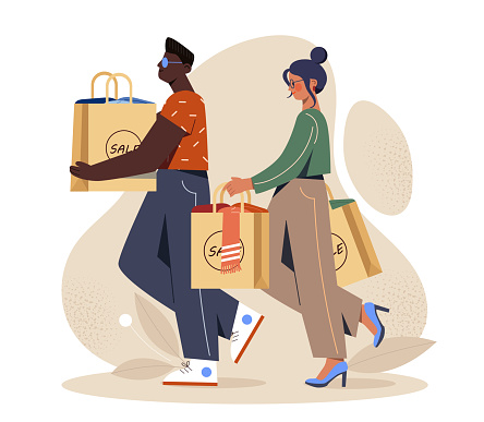 People with shopping bags. Man and woman with packages with goods. Shoppaholics walk from market or shop. Clients and customers, buyers. Cartoon flat vector illustration isolated on white background