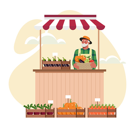 Vegetable farm market. Old man with natural and organic products. Healthy eating. Support your local shop. Pumpkins, carrots, eggplants and cabbage. Cartoon flat vector illustration