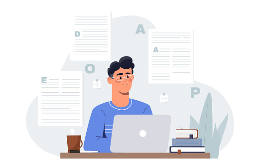 Copywriter with laptop. Man typing articles and creating interesting content for social networks and websites. Freelancer and remote worker at home. Cartoon flat vector illustration