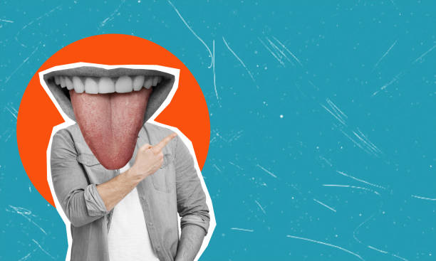 istock Modern art collage featuring a man smiling and showing a big tongue with space for text. 2012537715