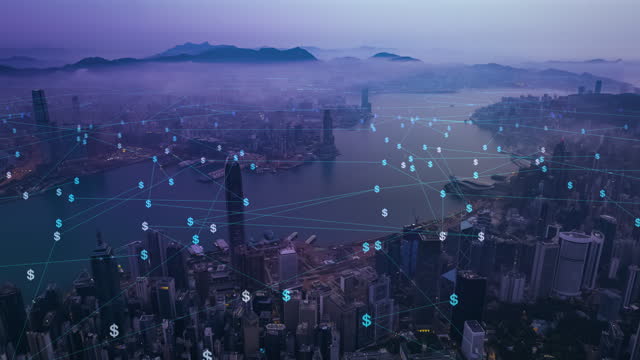 Financial network data Hong Kong cityscape aerial view