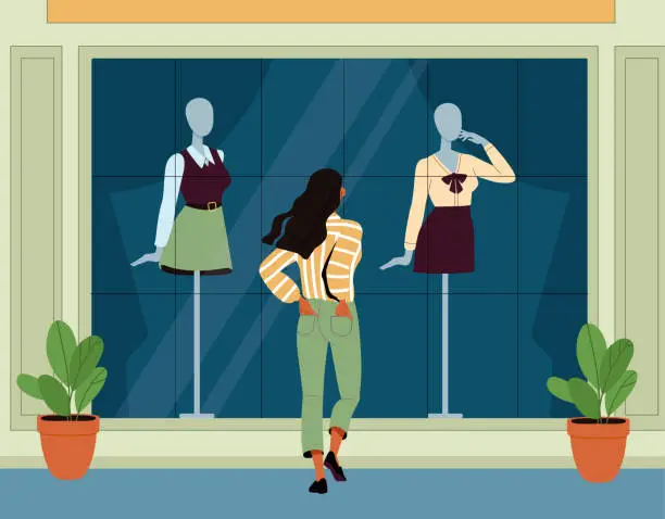 Vector illustration of Woman chooses clothes in shopping mall vector