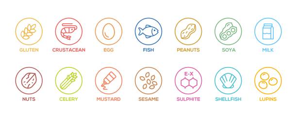 ilustrações de stock, clip art, desenhos animados e ícones de simple isolated vector logo set badge ingredient warning label. colorful allergens icons. food intolerance. the 14 allergens required to declare written in english - allergy food peanut pollen