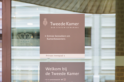 The Hague, The Netherlands - January 31, 2024:  Information sign at the entrance of the Tweede Kamer, The Dutch Government House of Representatives  in The Hague, The Netherlands
