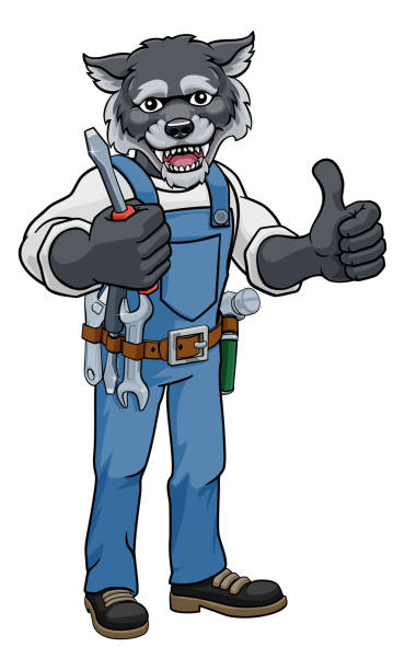 illustrations, cliparts, dessins animés et icônes de wolf electrician handyman holding screwdriver - thumbs up repairman human thumb electrician