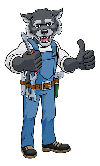 A wolf electrician, handyman or mechanic holding a screwdriver and giving a thumbs up