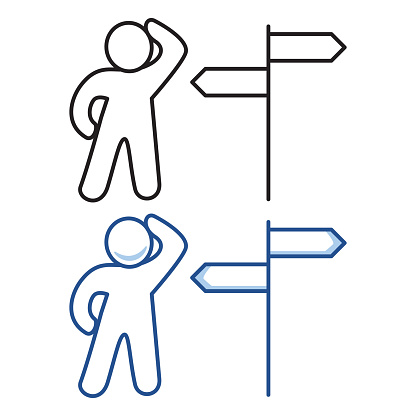 Person standing at crossroad.Business decision making.Thinking which way to go.Outline vector illustration.