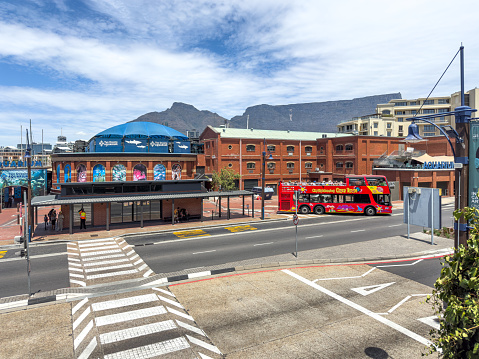 View of Table Mountain, Two Oceans Aquarium and One and Only Hotel at the Victoria and Alfred Waterfront in Cape Town