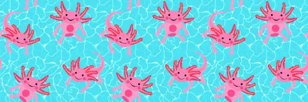 Vector illustration of Pink axolotl seamless pattern with textured water surface design. Hand drawn funny animal vector illustration, print design. Turquoise water ripple background