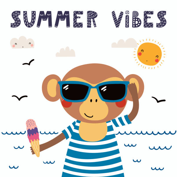 Cute summer monkey Hand drawn vector illustration of a cute funny monkey in a swimsuit, sunglasses, with ice cream, lettering quote Summer vibes. Isolated objects. Scandinavian style flat design. Concept children print. drawing of beach monkey stock illustrations