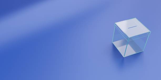 istock Transparent election ballot box miniature isolated on blue background, copy space, above. 3d render 2012613228