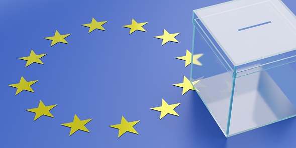 European Union parliament election concept. Glass transparent ballot box on EU flag background. Voting box blue surface with yellow star. 3d render