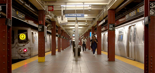 New York, NY USA - August 7, 2022: 34th Street Subway Station Platform Distant New Yorkers Waiting