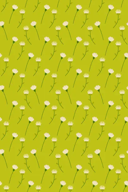 Vector illustration of Vertical seamless pattern, background green with white flowers. for your card, design, fabric