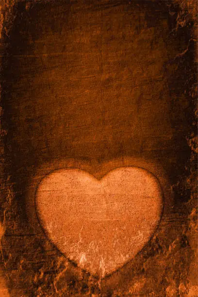 Vector illustration of Dark rustic scratched grungy rust brown colored grunge textured effect wall like retro classic style love theme vector Valentine vertical backgrounds with one big peach orange colour heart with copy space for text