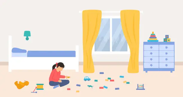 Vector illustration of Little Girl Sitting On The Floor And Playing With Toys. Child's Room Interior With Bed, Dresser And Colorful Toys