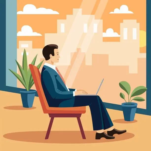 Vector illustration of Businessman sitting on chair with laptop in hotel room looking through window on evening city